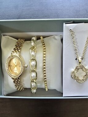 Gold Pearl Accent Women's Watch and Bracelet Set
